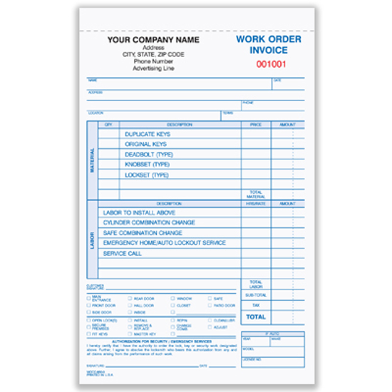 Picture of Locksmith Work Order/invoice Form - 3 Part Carbonless (WOCC-850-3)