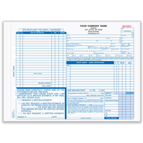 Picture of Auto Repair Order Form - 3 Part Carbonless (AROCC-646-3)