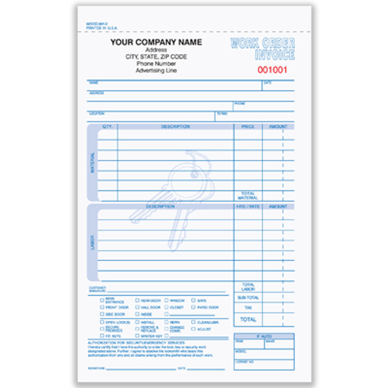 Picture of Locksmith Work Order/invoice Form - 2 Part Carbonless (WOICC-891-2)