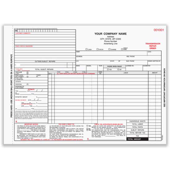 Picture of Transmission Repair Order Form - 4 Part Carbon (TRO-638-4)