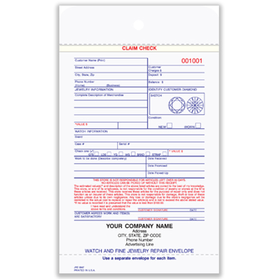 Picture of Jewelry Repair Envelope - 3 Part Carbonless (JRE-9947)