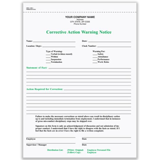 Picture of Corrective Action Warning Notice Form - 2 Part Carbonless (HRCC-365-2)