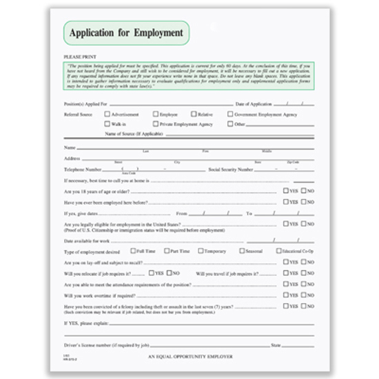 Picture of Application For Employment Form - 2 Part Bond - Blank  (HR-370-2-BLNK)