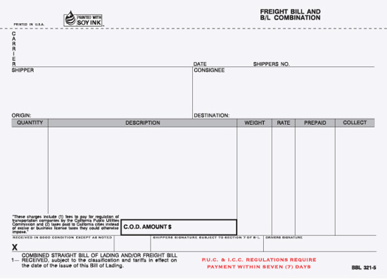 Picture of Freight Bill/Bill of Lading - 5 Part w/ Carbon - CA Version (BBL-321-5)