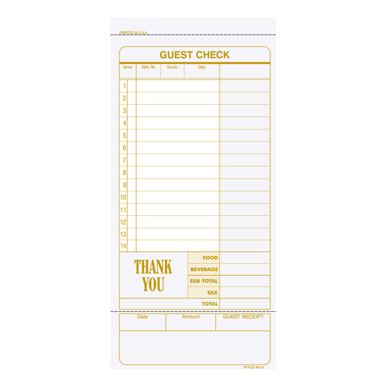 Picture of Guest Check - 3 Part Carbonless - Imprinted (4913)