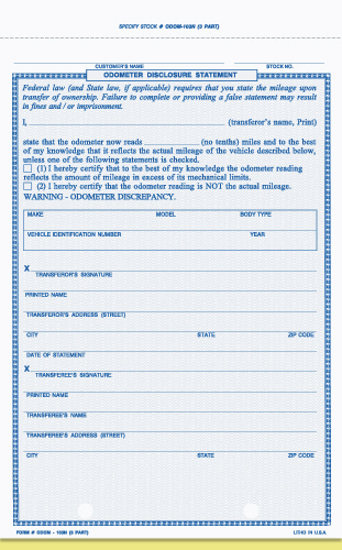 Picture of Odometer Disclosure Statement - 3 Part Carbonless Blank (ODOM-103-3-IMP)