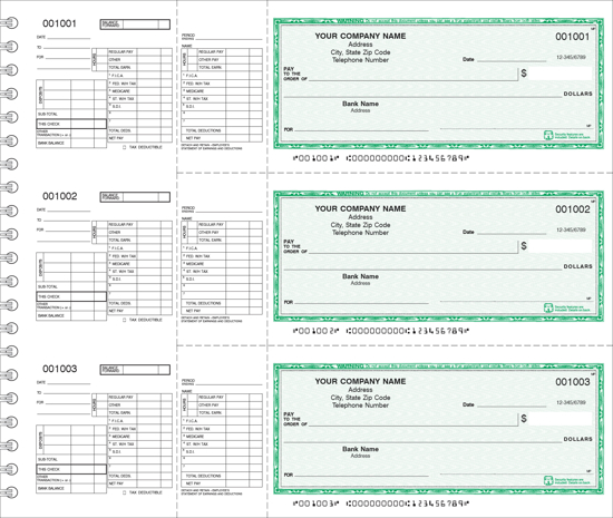 Picture of Wire Bound Payroll Checks 1 Part Green (DFC-147-1)