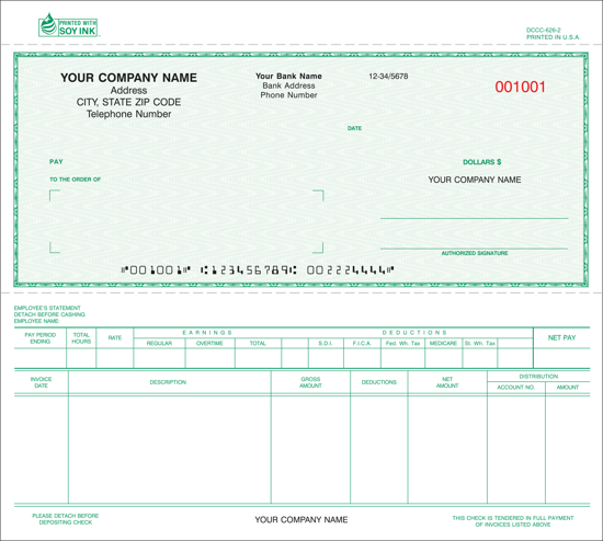 Picture of Dual-Purpose Check - 2PT Green Carbonless (DCCC-626-2)