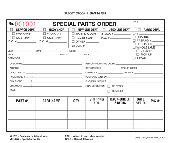 Picture of Special Parts Order Form (GMPS-115-5)