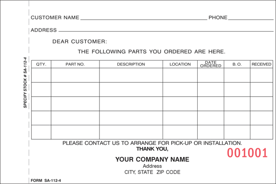 Picture of Special Parts Order Form - 4 Part Carbon (SA-112-4)