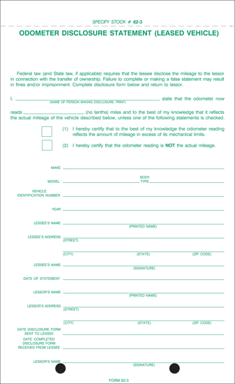 Picture of Odometer Disclosure Statement - 3 Part Carbonless (Form-62-3)