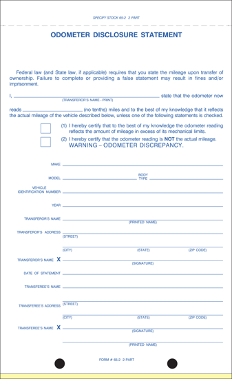 Picture of Odometer Disclosure Statement - 2 Part Carbonless (Form-65-2)