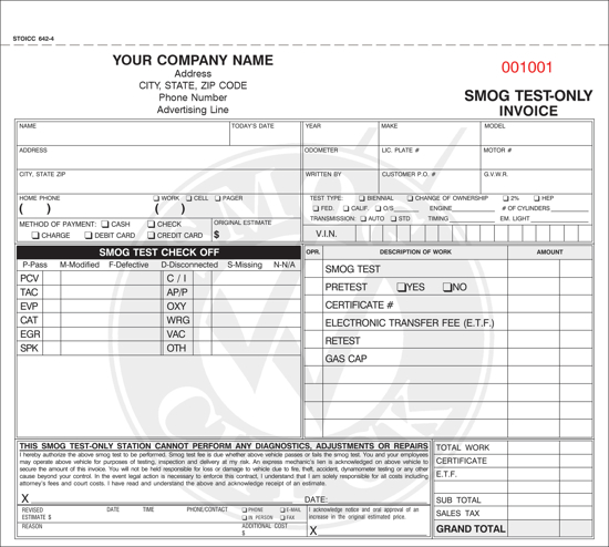 Picture of Smog Test Only Invoice - 4 Part Carbonless (STOICC-642-4)